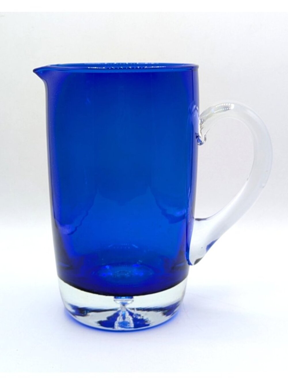 Vintage Cobalt Blue Blown Glass Pitcher Water Lemonade Clear Handle Bubble 48 oz